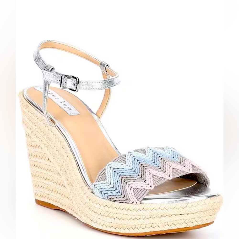 Waterlily Ankle Strap Espadrille Platform Wedges,Sz 9, Pink, Blue, Gray & Silver